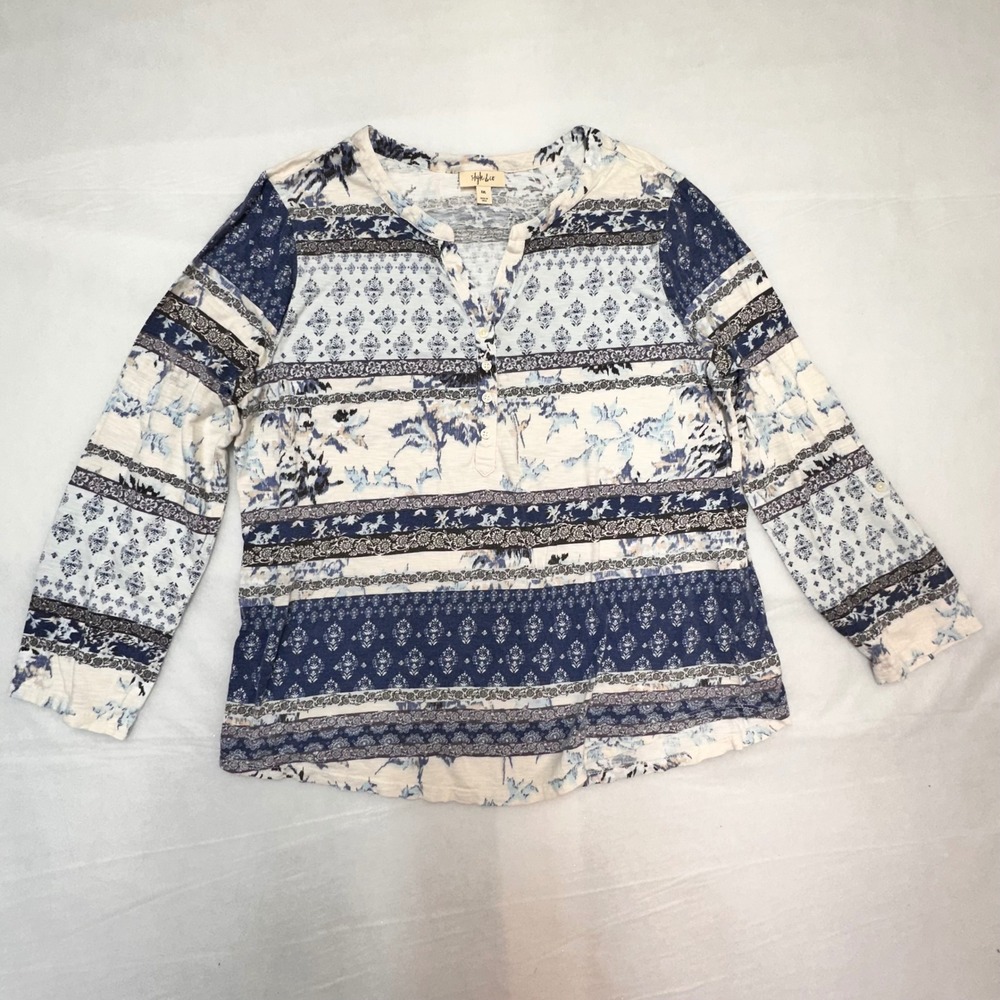 Style & Co Womens XXL Blue White Boho Floral Henley 3/4 Sleeve Top Slub Knit